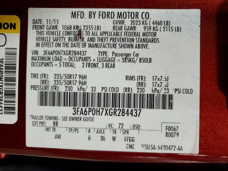 2016 Ford Fusion მანქანა იყიდება აუქციონზე, vin: 3FA6P0H7XGR284437, აუქციონის ნომერი: 54668016