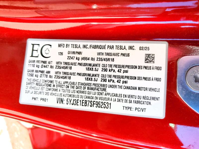 Продажа на аукционе авто 2025 Tesla Model 3, vin: 5YJ3E1EB7SF952531, номер лота: 53729676