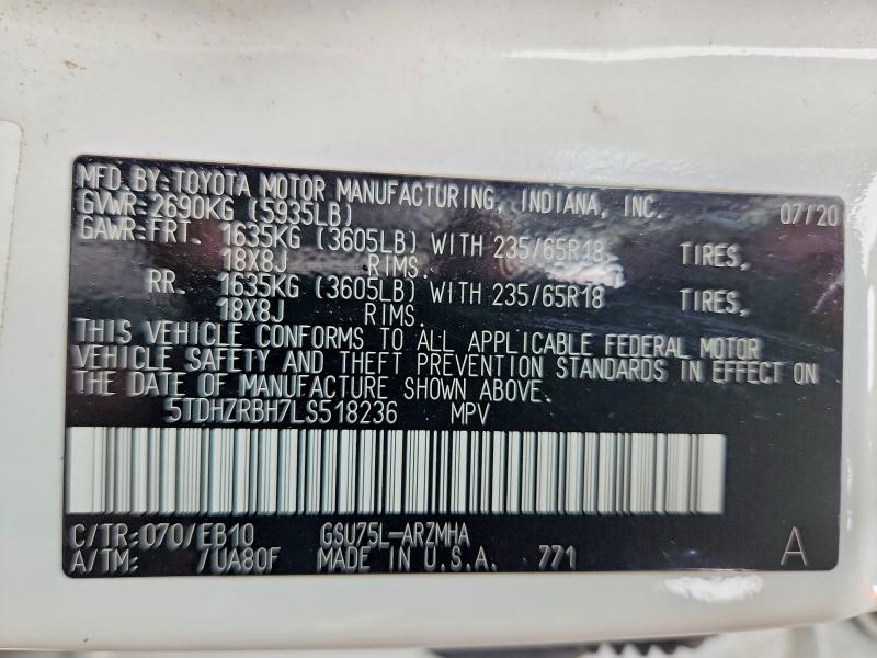 55151266 :رقم المزاد ، 5TDHZRBH7LS518236 vin ، 2020 Toyota Highlander مزاد بيع