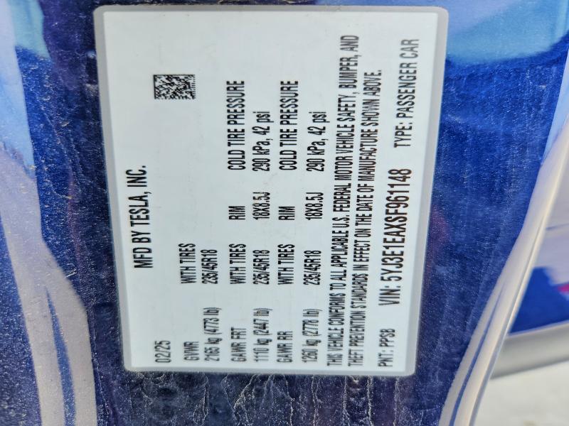 55393826 :رقم المزاد ، 5YJ3E1EAXSF961148 vin ، 2025 Tesla Model 3 مزاد بيع