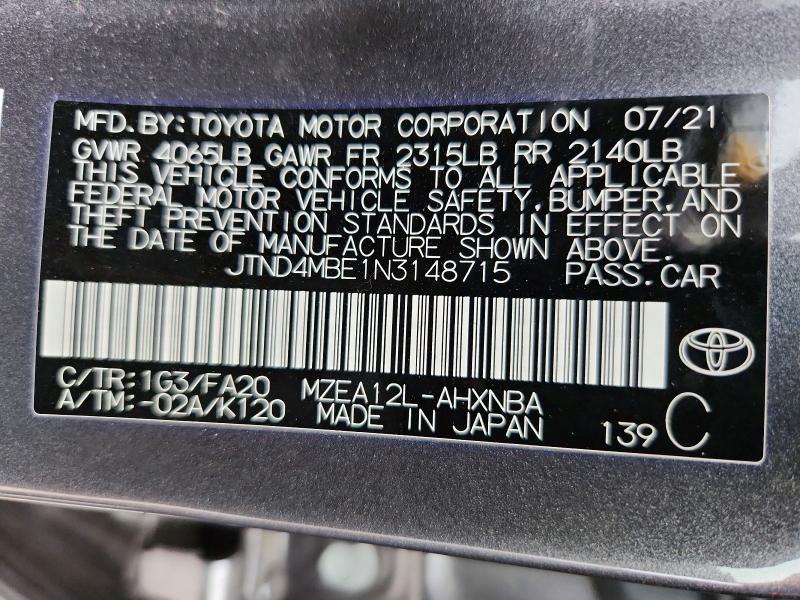 Aukcja sprzedaży 2022 Toyota Corolla Hatchback, vin: JTND4MBE1N3148715, numer aukcji: 54084126