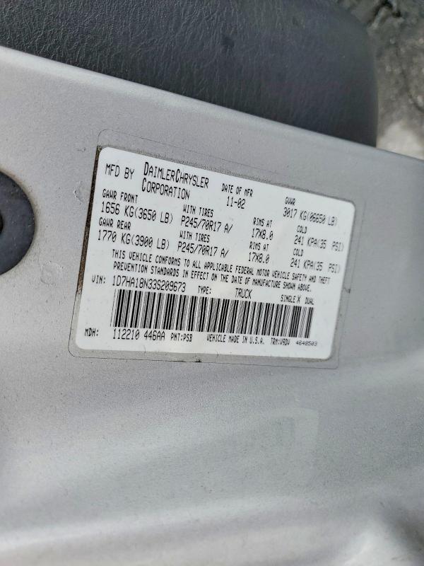 50348836 :رقم المزاد ، 1D7HA18N33S209673 vin ، 2003 Dodge Ram 1500 مزاد بيع