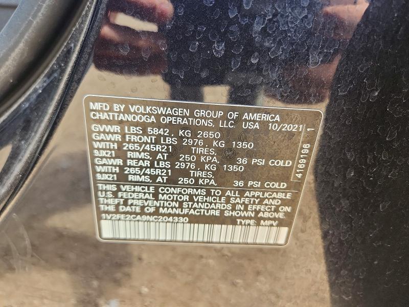 54251546 :رقم المزاد ، 1V2FE2CA9NC204330 vin ، 2022 Volkswagen Atlas Cross Sport مزاد بيع