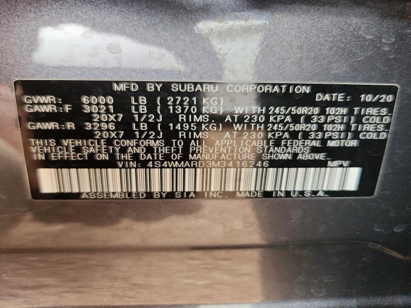 51798096 :رقم المزاد ، 4S4WMARD3M3416246 vin ، 2021 Subaru Ascent مزاد بيع