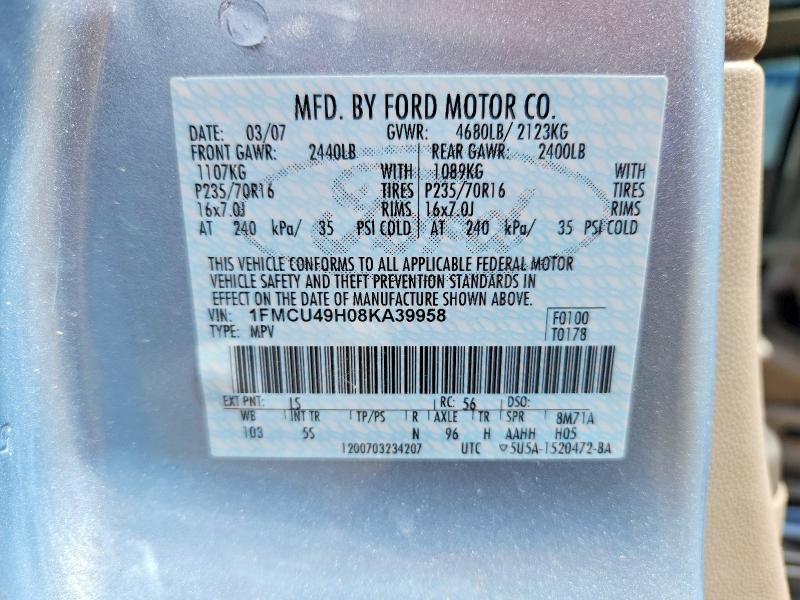 2008 Ford Escape მანქანა იყიდება აუქციონზე, vin: 1FMCU49H08KA39958, აუქციონის ნომერი: 54071266