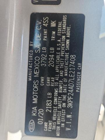 2020 Kia Forte მანქანა იყიდება აუქციონზე, vin: 3KPF24AD7LE217408, აუქციონის ნომერი: 54171076