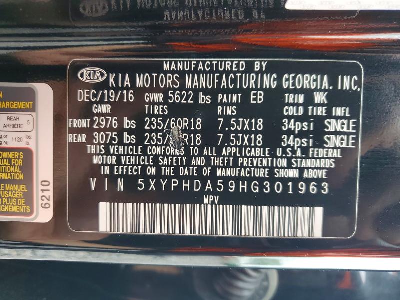 2017 Kia Sorento მანქანა იყიდება აუქციონზე, vin: 5XYPHDA59HG301963, აუქციონის ნომერი: 54302186
