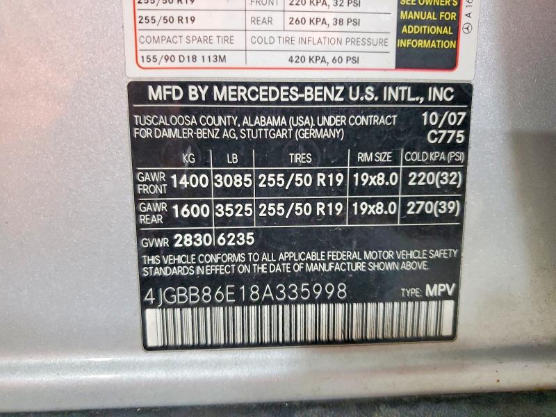 2008 Mercedes-benz Ml მანქანა იყიდება აუქციონზე, vin: 4JGBB86E18A335998, აუქციონის ნომერი: 53422226