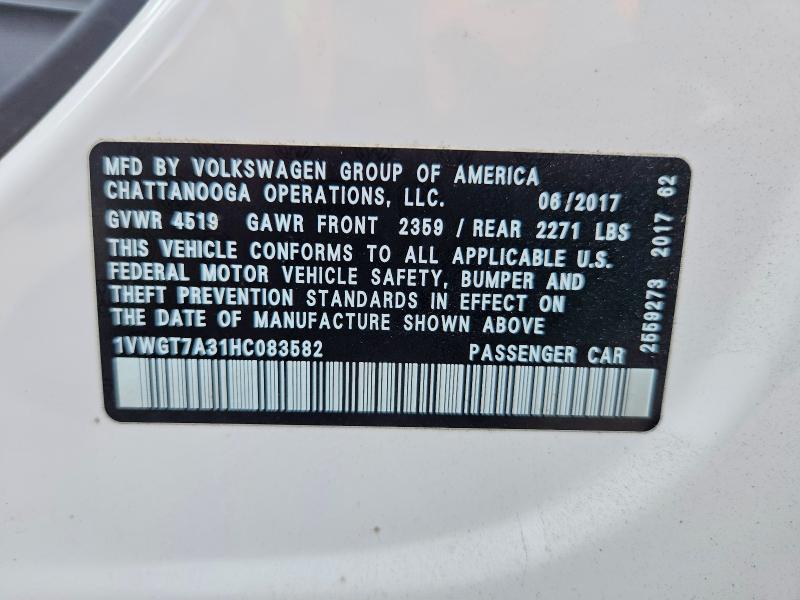 54162736 :رقم المزاد ، 1VWGT7A31HC083582 vin ، 2017 Volkswagen Passat مزاد بيع