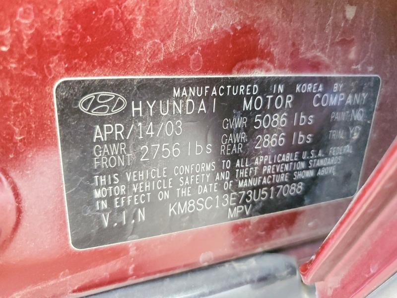 Aukcja sprzedaży 2003 Hyundai Santa Fe, vin: KM8SC13E73U517088, numer aukcji: 54668706