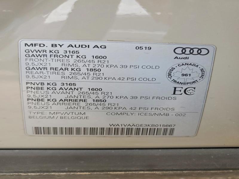 2019 Audi E-tron მანქანა იყიდება აუქციონზე, vin: WA1VAAGE3KB015667, აუქციონის ნომერი: 52663596