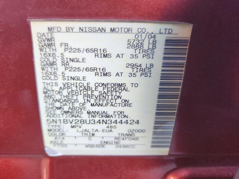 2004 Nissan Quest მანქანა იყიდება აუქციონზე, vin: 5N1BV28U34N344424, აუქციონის ნომერი: 52541306