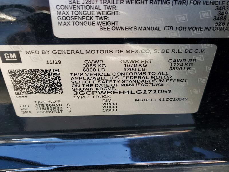 2020 Chevrolet Silverado მანქანა იყიდება აუქციონზე, vin: 3GCPWBEH4LG171051, აუქციონის ნომერი: 52751046