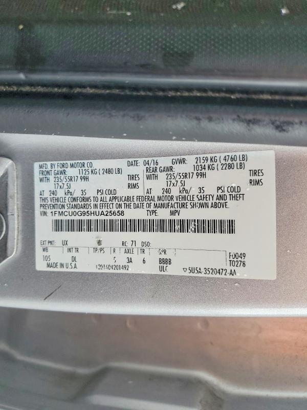 Aukcja sprzedaży 2017 Ford Escape, vin: 1FMCU0G95HUA25658, numer aukcji: 54222836