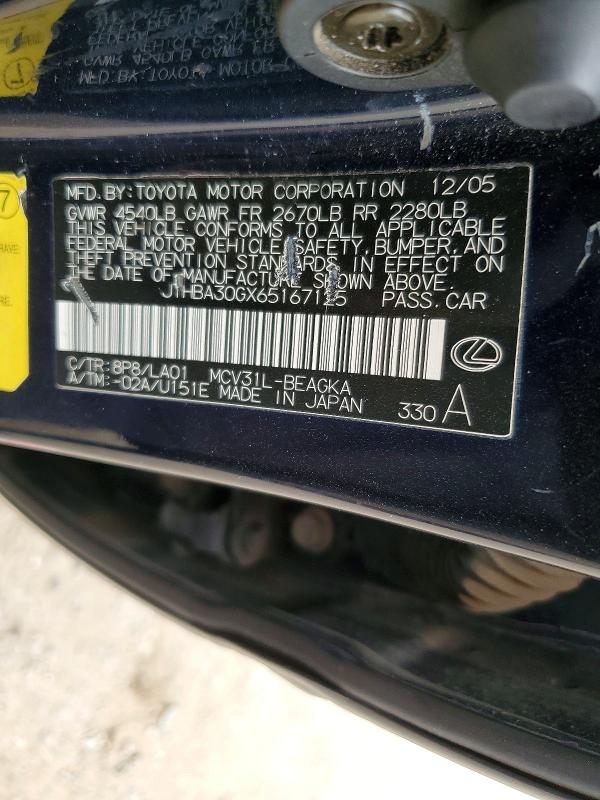 51493006 :رقم المزاد ، JTHBA30GX65167125 vin ، 2006 Lexus Es مزاد بيع