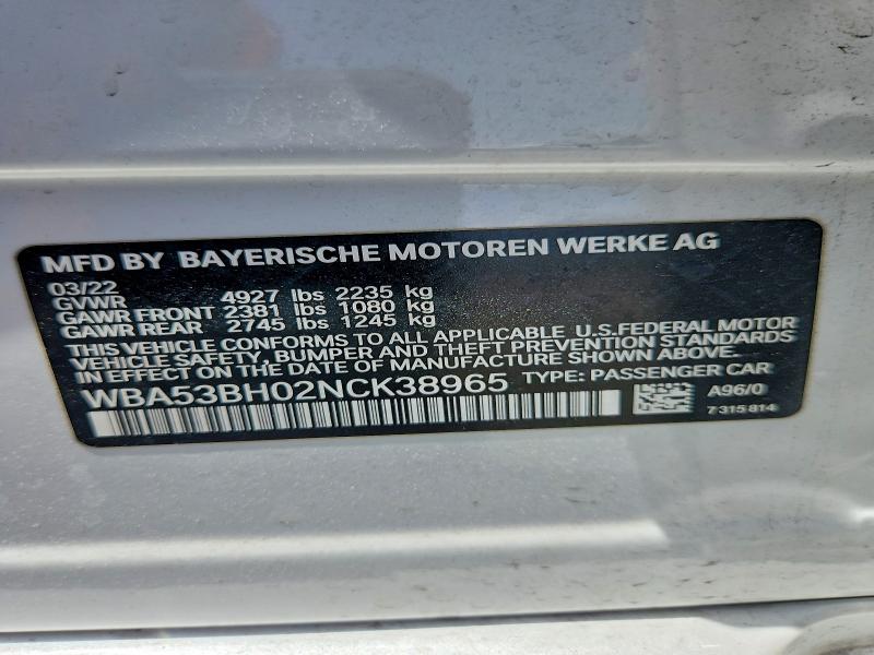 Продаж на аукціоні авто 2022 Bmw 530, vin: WBA53BH02NCK38965, номер лоту: 53067856