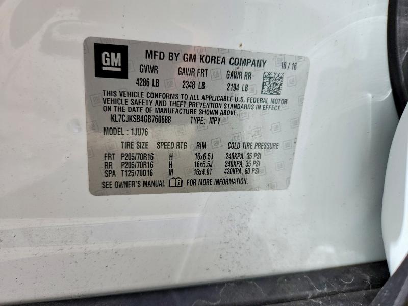 54301046 :رقم المزاد ، KL7CJKSB4GB760688 vin ، 2016 Chevrolet Trax مزاد بيع