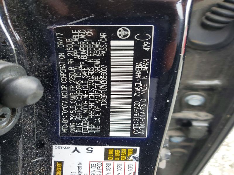 55568446 :رقم المزاد ، JTDKBRFU7H3055007 vin ، 2017 Toyota Prius مزاد بيع