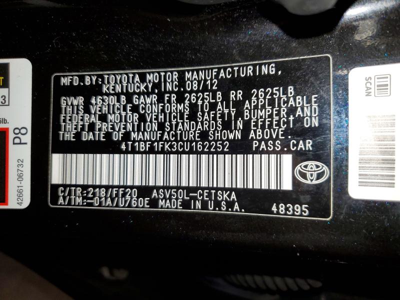 Aukcja sprzedaży 2012 Toyota Camry, vin: 4T1BF1FK3CU162252, numer aukcji: 55412416