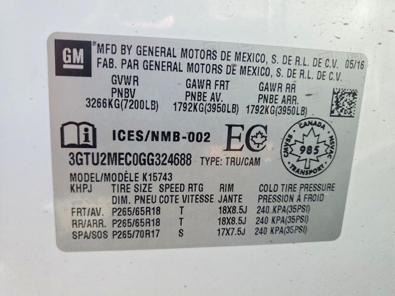 51994586 :رقم المزاد ، 3GTU2MEC0GG324688 vin ، 2016 Gmc Sierra مزاد بيع