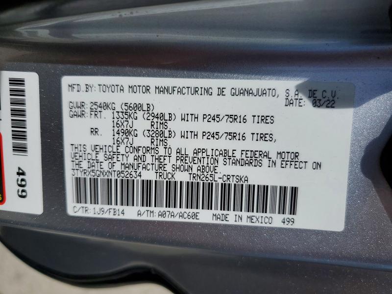 Продаж на аукціоні авто 2022 Toyota Tacoma, vin: 3TYRX5GNXNT052634, номер лоту: 53939836