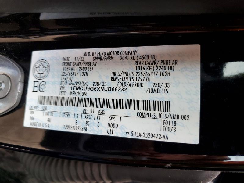 51908536 :رقم المزاد ، 1FMCU9G6XNUB88232 vin ، 2022 Ford Escape مزاد بيع