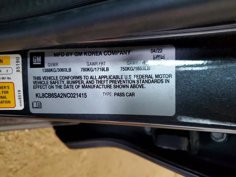 2022 Chevrolet Spark მანქანა იყიდება აუქციონზე, vin: KL8CB6SA2NC021415, აუქციონის ნომერი: 54148106