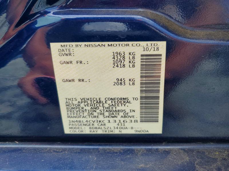 Продаж на аукціоні авто 2019 Nissan Altima, vin: 1N4BL4CV3KC131638, номер лоту: 54836936