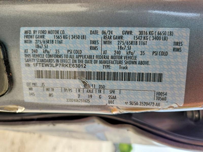 Auction sale of the 2024 Ford F150, vin: 1FTEW3LP7RKE63012, lot number: 54806696