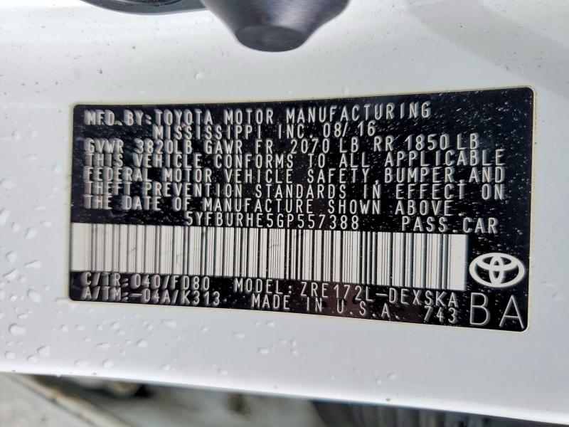 2016 Toyota Corolla მანქანა იყიდება აუქციონზე, vin: 5YFBURHE5GP557388, აუქციონის ნომერი: 52073156