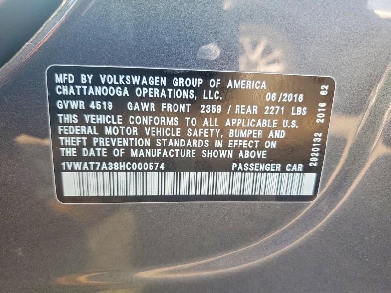 54092916 :رقم المزاد ، 1VWAT7A38HC000574 vin ، 2017 Volkswagen Passat R-line Automa مزاد بيع