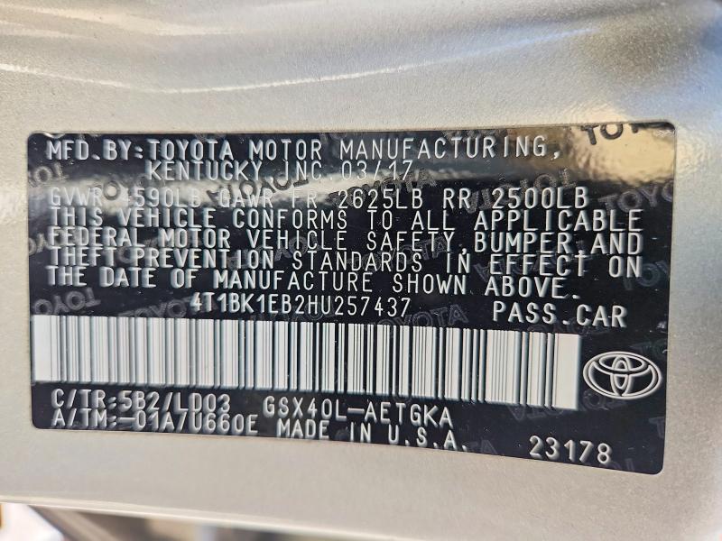 2017 Toyota Avalon მანქანა იყიდება აუქციონზე, vin: 4T1BK1EB2HU257437, აუქციონის ნომერი: 53938776