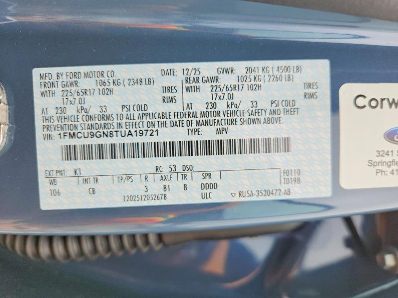 Aukcja sprzedaży 2026 Ford Escape, vin: 1FMCU9GN8TUA19721, numer aukcji: 54398416