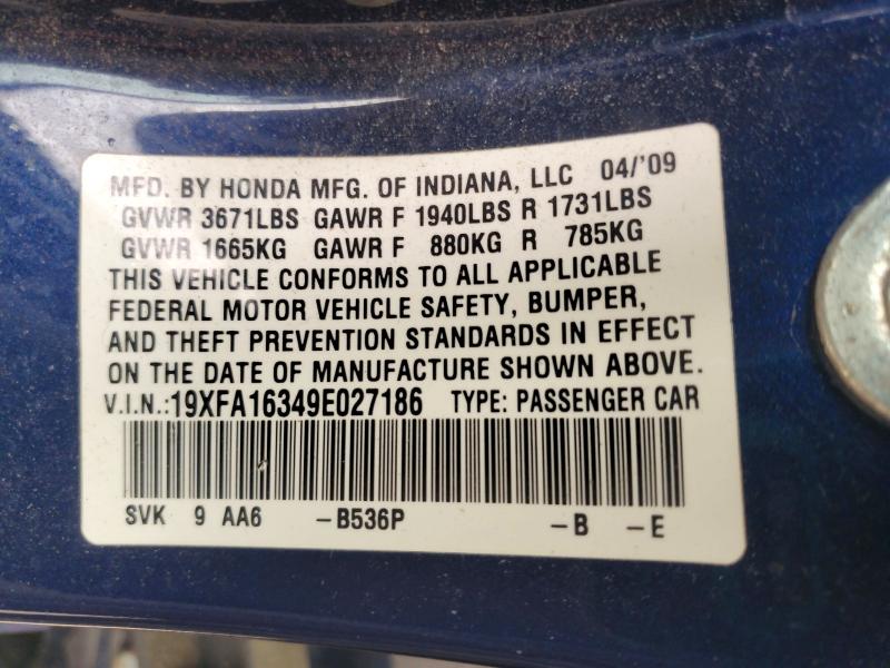 2009 Honda Civic მანქანა იყიდება აუქციონზე, vin: 19XFA16349E027186, აუქციონის ნომერი: 52189596