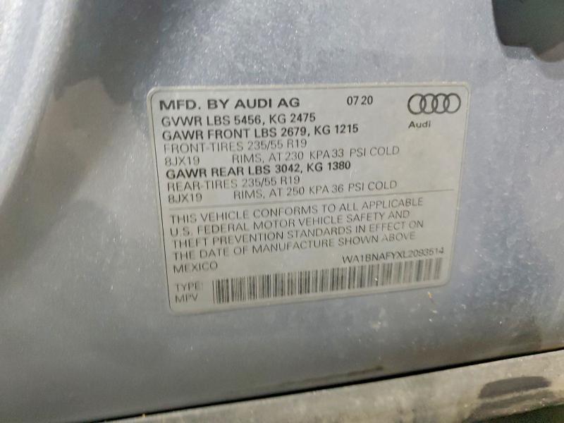 52544636 :رقم المزاد ، WA1BNAFYXL2093514 vin ، 2020 Audi Q5 مزاد بيع