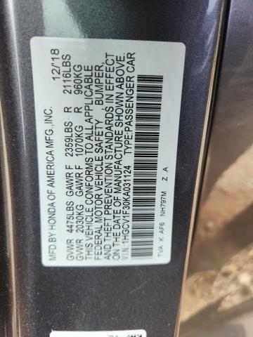 55275976 :رقم المزاد ، 1HGCV1F30KA031124 vin ، 2019 Honda Accord مزاد بيع