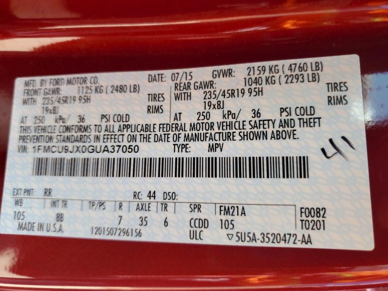 Продажа на аукционе авто 2016 Ford Escape, vin: 1FMCU9JX0GUA37050, номер лота: 53177406