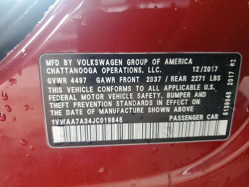 Auction sale of the 2018 Volkswagen Passat, vin: 1VWAA7A34JC019845, lot number: 52434576