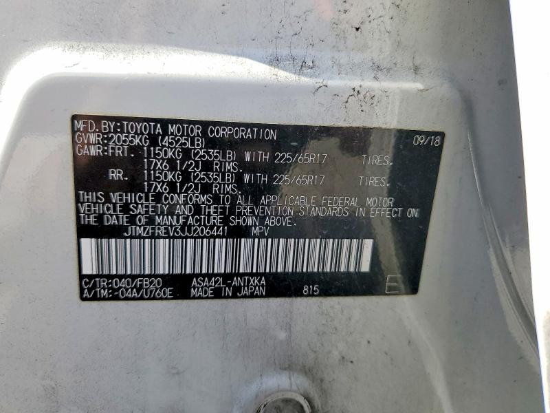 Aukcja sprzedaży 2018 Toyota Rav4, vin: JTMZFREV3JJ206441, numer aukcji: 53764516