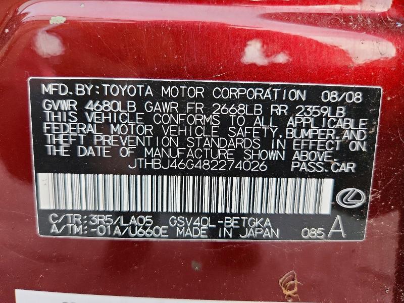 Aukcja sprzedaży 2008 Lexus Es, vin: JTHBJ46G482274026, numer aukcji: 53946716