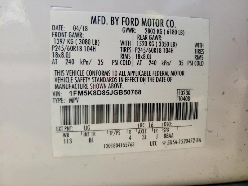54654716 :رقم المزاد ، 1FM5K8D85JGB50768 vin ، 2018 Ford Explorer مزاد بيع