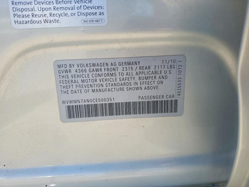 53073716 :رقم المزاد ، WVWMN7AN0CE500351 vin ، 2012 Volkswagen Cc مزاد بيع