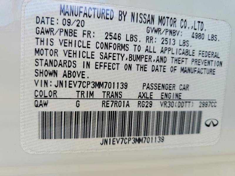 52822006 :رقم المزاد ، JN1EV7CP3MM701139 vin ، 2021 Infiniti Q50 مزاد بيع