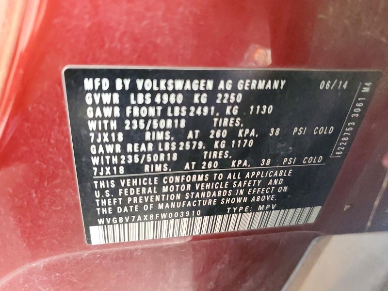 2015 Volkswagen Tiguan მანქანა იყიდება აუქციონზე, vin: WVGBV7AX8FW003910, აუქციონის ნომერი: 55460346