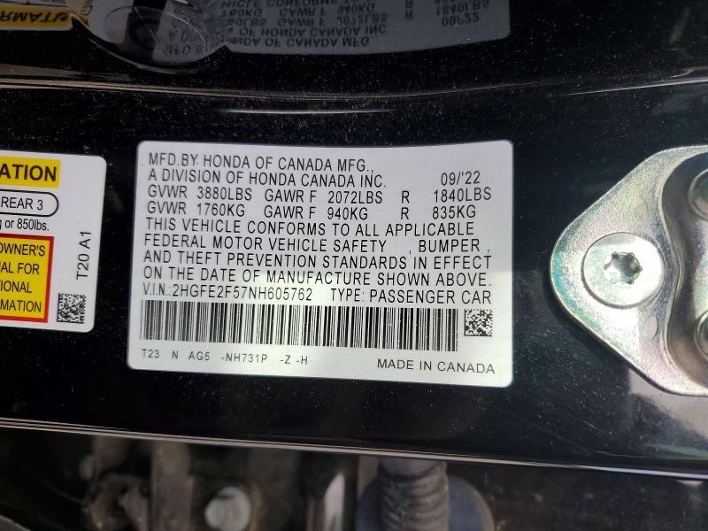 53066106 :رقم المزاد ، 2HGFE2F57NH605762 vin ، 2022 Honda Civic مزاد بيع