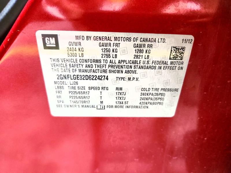 54505316 :رقم المزاد ، 2GNFLGE32D6224274 vin ، 2013 Chevrolet Equinox مزاد بيع