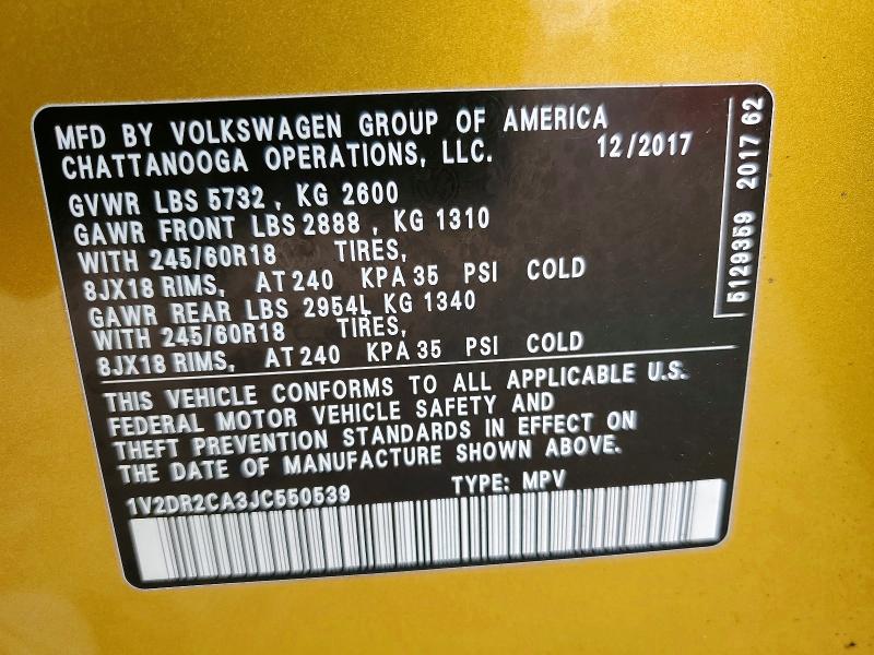 Продажа на аукционе авто 2018 Volkswagen Atlas, vin: 1V2DR2CA3JC550539, номер лота: 52612866