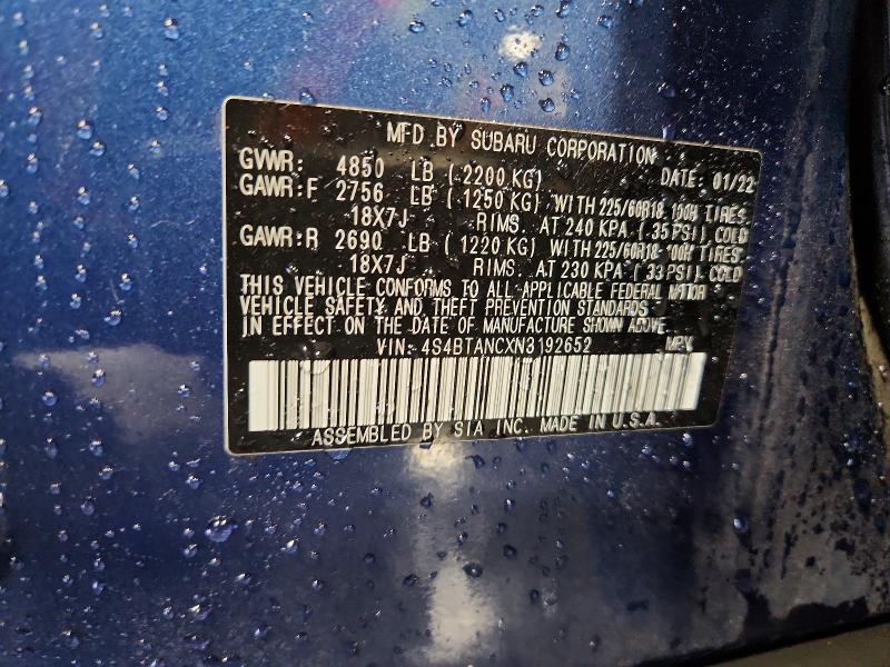 Aukcja sprzedaży 2022 Subaru Outback, vin: 4S4BTANCXN3192652, numer aukcji: 52466336