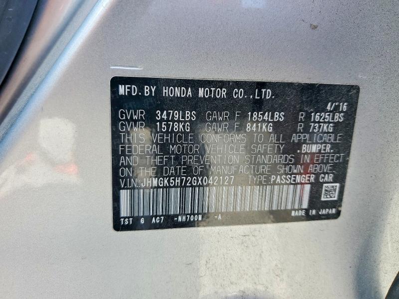 54524086 :رقم المزاد ، JHMGK5H72GX042127 vin ، 2016 Honda Fit مزاد بيع