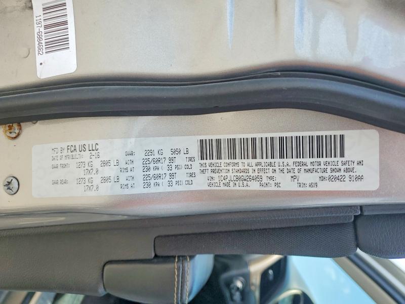 Продаж на аукціоні авто 2016 Jeep Cherokee, vin: 1C4PJLCB0GW264059, номер лоту: 54845896